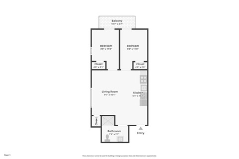 Floor plan for 2 beds, 1 bath, 556 sqft